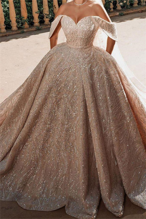 Luxurious Off the Shoulder Sequins Ball Gowns for Women A line Satin Bridal Gowns-showprettydress