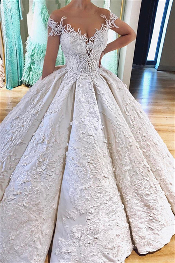 Luxurious Off the Shoulder V Neck Lace Appliques Ball Gowns Wedding Dress-showprettydress