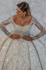 Luxurious Princess Ball Gown Long Sleevess Sparkly sequins Bridal Gowns with Sweep Train-showprettydress