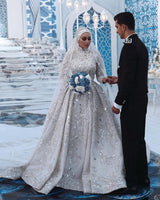 Luxurious Sequins Bridal Gown Aline Long Sleeves Highneck Sweep Train-showprettydress