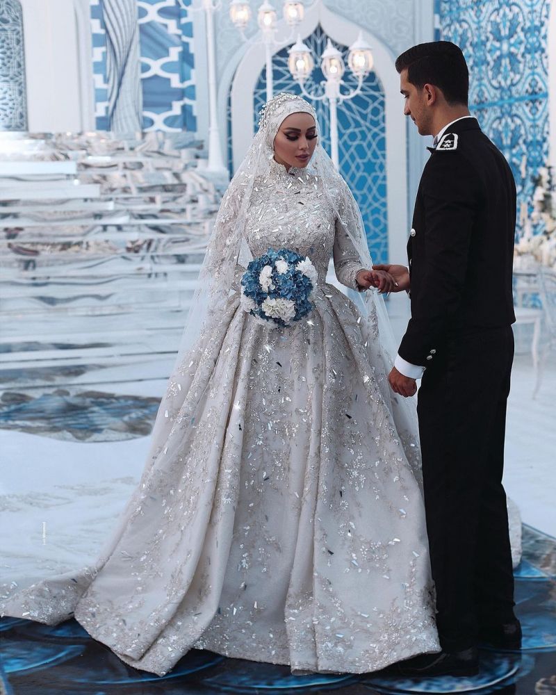 Luxurious Sequins Bridal Gown Aline Long Sleeves Highneck Sweep Train-showprettydress