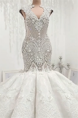 Luxurious Sleeveless Appliques Rhinestones Mermaid Wedding Bridal Gowns-showprettydress
