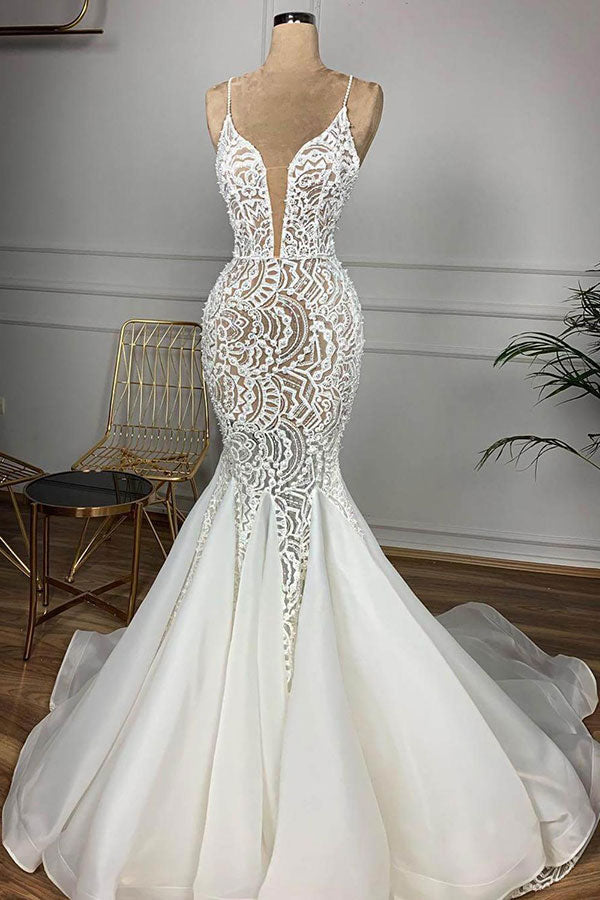 Luxurious Spaghetti Strap Plugging V neck White Sleeveless Mermaid Hollow Wedding Dress-showprettydress