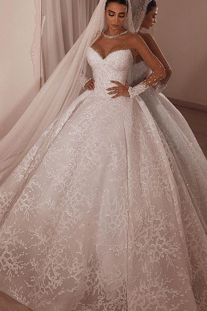 Luxurious Sparkle Beaded Ball Gown Tulle Lace Illusion neck Wedding Dress-showprettydress