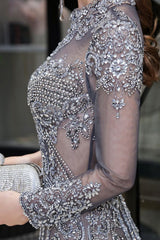 Luxurious Sparkle Cap sleeves High neck Beads Long Prom Dresses-showprettydress