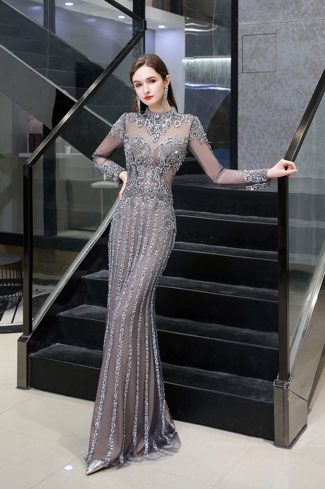 Luxurious Sparkle Cap sleeves High neck Beads Long Prom Dresses-showprettydress
