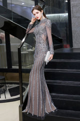 Luxurious Sparkle Cap sleeves High neck Beads Long Prom Dresses-showprettydress