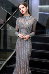 Luxurious Sparkle Cap sleeves High neck Beads Long Prom Dresses-showprettydress