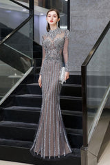 Luxurious Sparkle Cap sleeves High neck Beads Long Prom Dresses-showprettydress