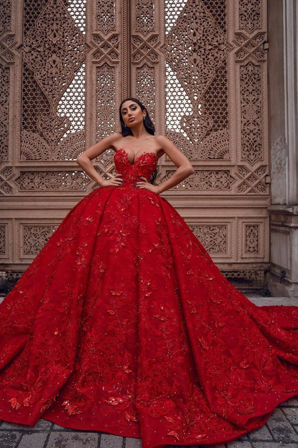 Luxurious Sweetheart ladies ball gowns evening dresses 3D-Floral Print Sweep Train-showprettydress