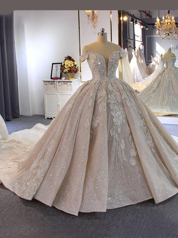 Luxury Ball Gown Off-the-Shoulder Beading Wedding Dresses With Train-showprettydress
