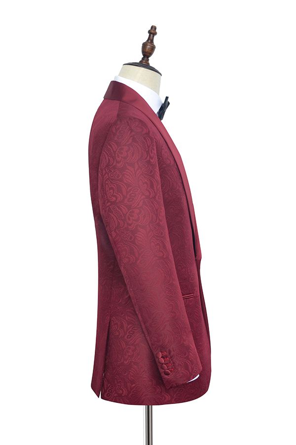 Luxury Burgundy Jacquard One Button Silk Shawl Lapel Mens Suits for Wedding and Prom-showprettydress