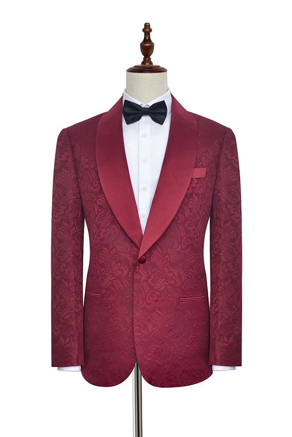 Luxury Burgundy Jacquard One Button Silk Shawl Lapel Mens Suits for Wedding and Prom-showprettydress