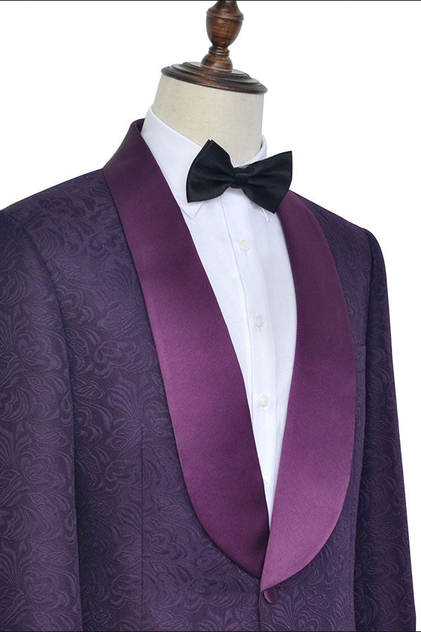 Luxury Dark Purple One Button Wedding Tuxedos Silk Shawl Lapel Jacquard Prom Suits-showprettydress