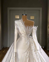 Luxury Designer Pearls Wedding Dress Long Sleeves With Detachable Train-showprettydress