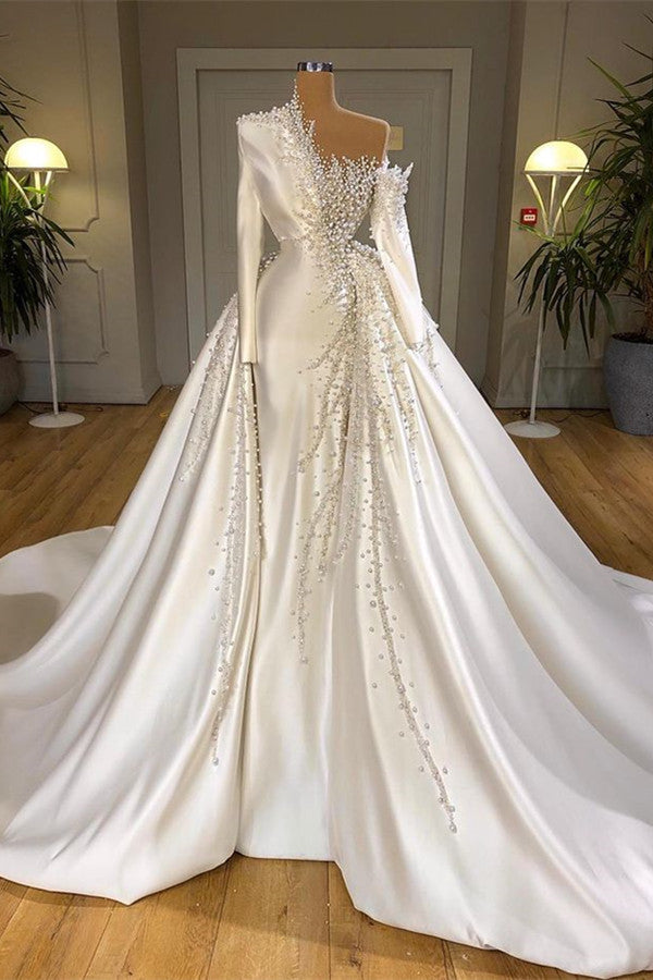 Luxury Designer Pearls Wedding Dress Long Sleeves With Detachable Train-showprettydress