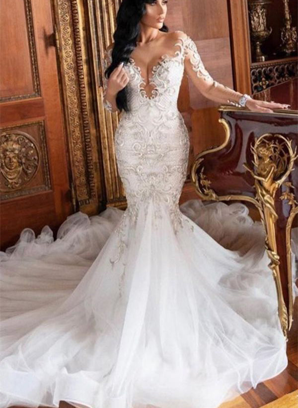 Luxury Lace Long Sleeves Mermaid Fitted Wedding Dresses-Showprettydress