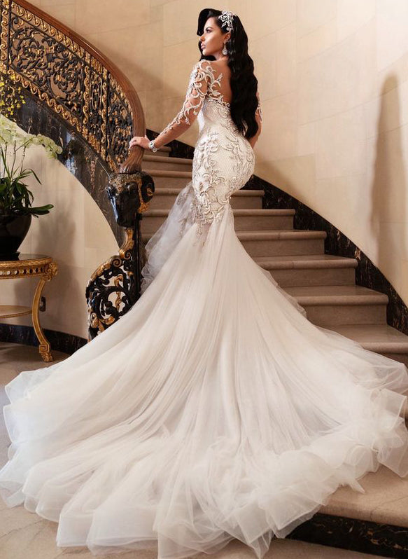 Luxury Lace Long Sleeves Mermaid Fitted Wedding Dresses-Showprettydress