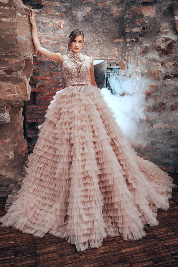 Luxury Long A-line High Neck Tulle Princess Wedding Dress-showprettydress