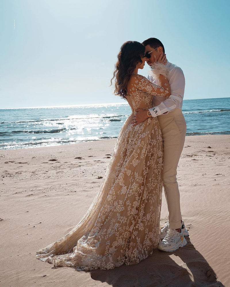 Luxury Long A-line Lace Wedding Dress with Sleeves-showprettydress
