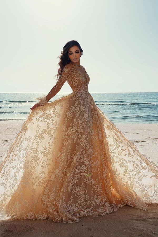 Luxury Long A-line Lace Wedding Dress with Sleeves-showprettydress