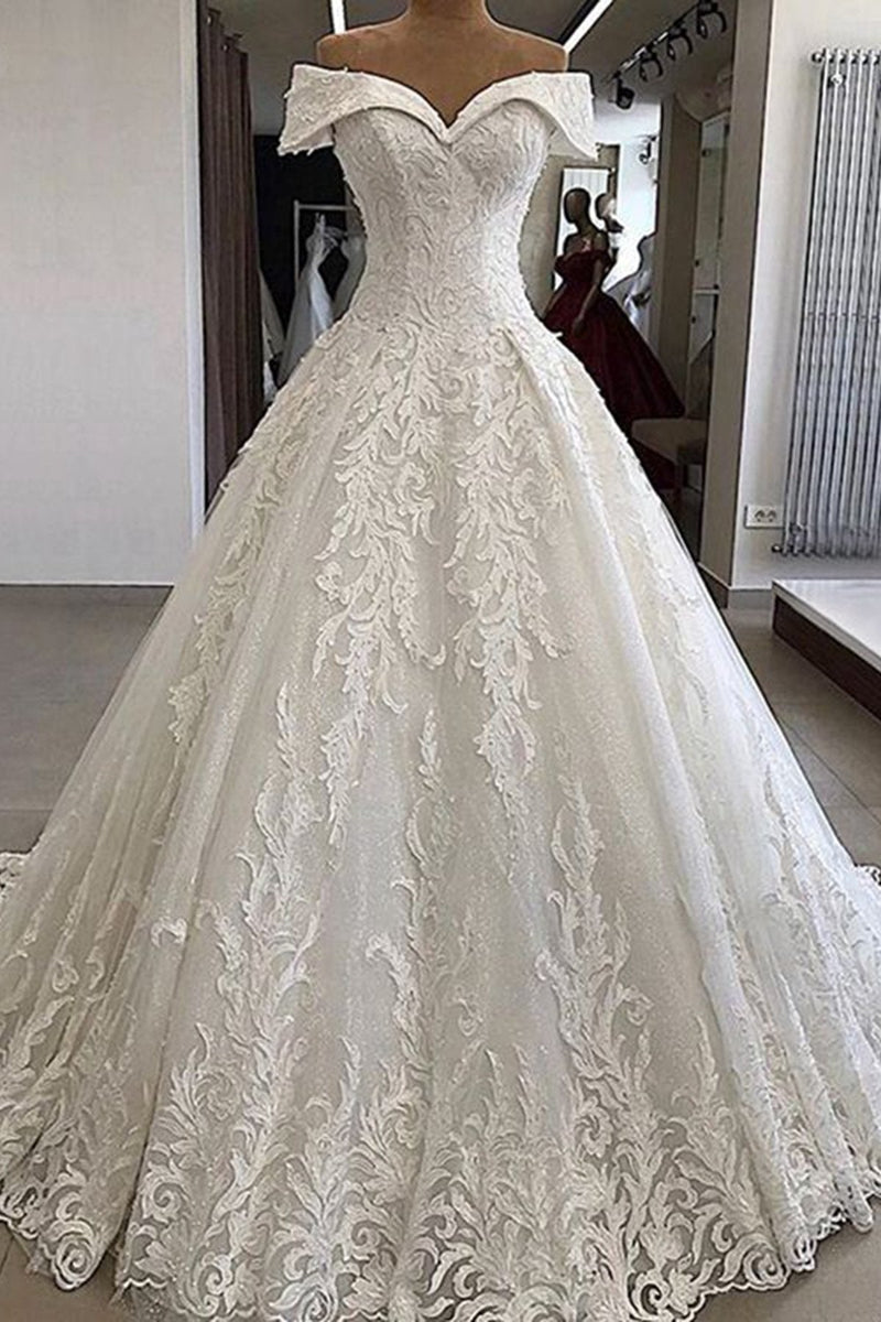 Luxury Long A-line Off the Shoulder Applique Lace Wedding Dress-showprettydress