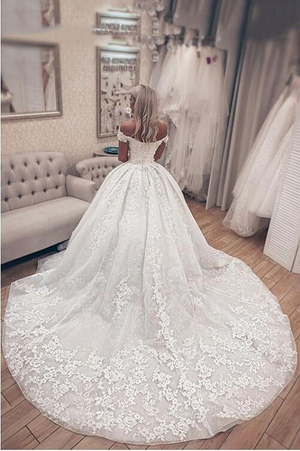 Luxury Long A-Line Off the Shoulder Lace Wedding Dresses-showprettydress
