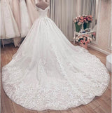 Luxury Long A-Line Off the Shoulder Lace Wedding Dresses-showprettydress