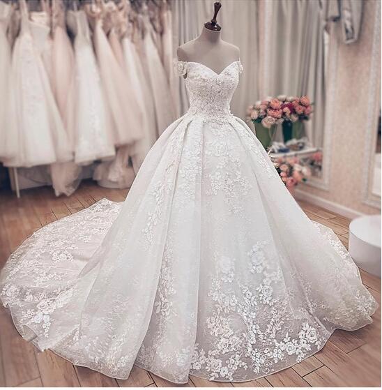 Luxury Long A-Line Off the Shoulder Lace Wedding Dresses-showprettydress