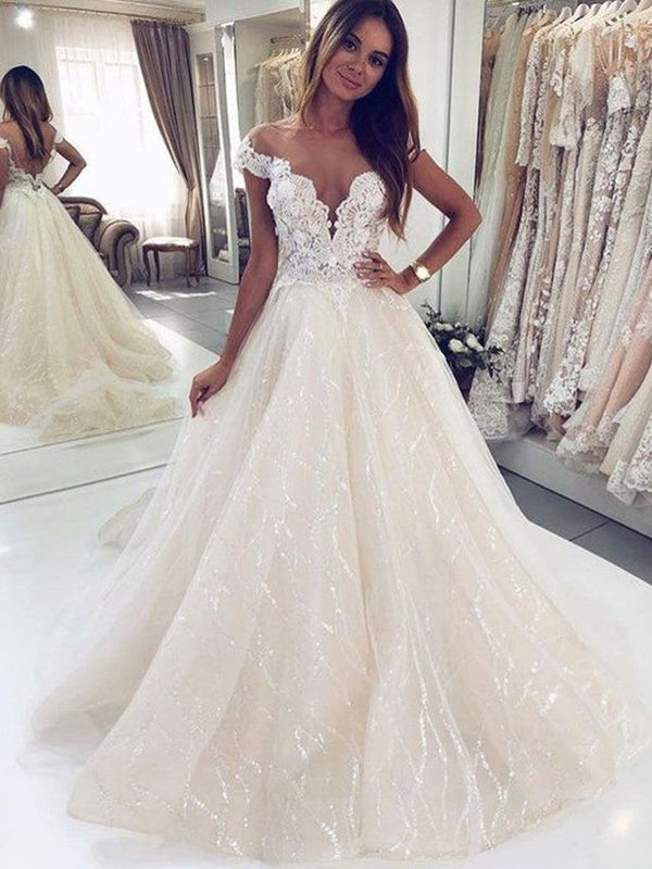 Luxury Long A-line Off-the-shoulder Tulle Open Back Glitter Wedding Dress-showprettydress
