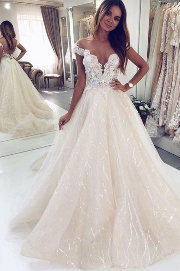 Luxury Long A-line Off-the-shoulder Tulle Open Back Glitter Wedding Dress-showprettydress