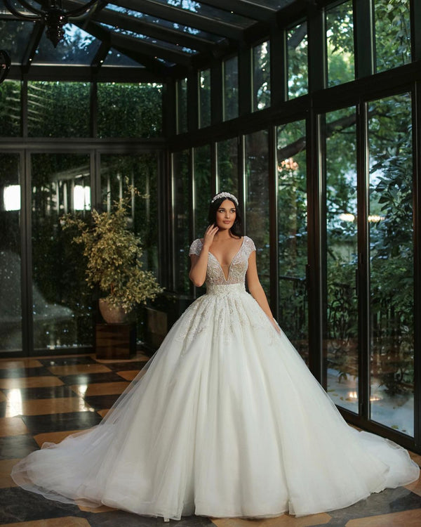 Luxury Long A-line V-neck Beads Tulle Glitter Wedding Dress with Cap Sleeves-showprettydress