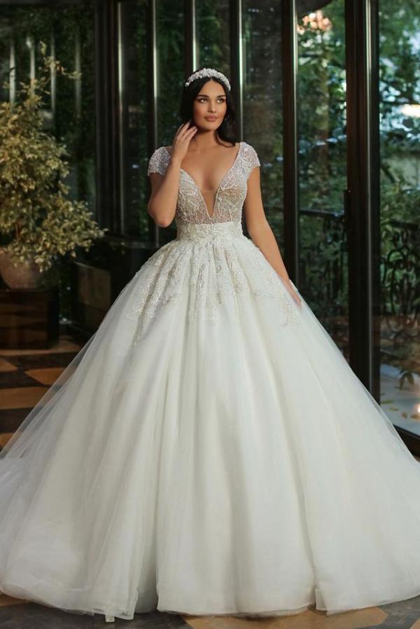 Luxury Long A-line V-neck Beads Tulle Glitter Wedding Dress with Cap Sleeves-showprettydress