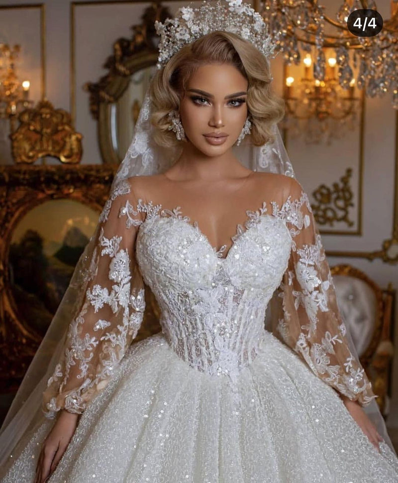 Luxury Long Ball Gown Glitter Wedding Dress with Puffy Sleeves-showprettydress