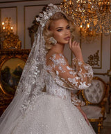 Luxury Long Ball Gown Glitter Wedding Dress with Puffy Sleeves-showprettydress