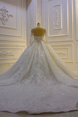 Luxury Long Ball Gown Lace Appliques Wedding Dress with Sleeves-showprettydress