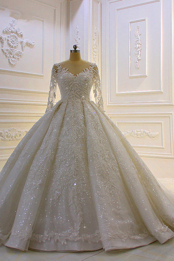 Luxury Long Ball Gown Lace Appliques Wedding Dress with Sleeves-showprettydress