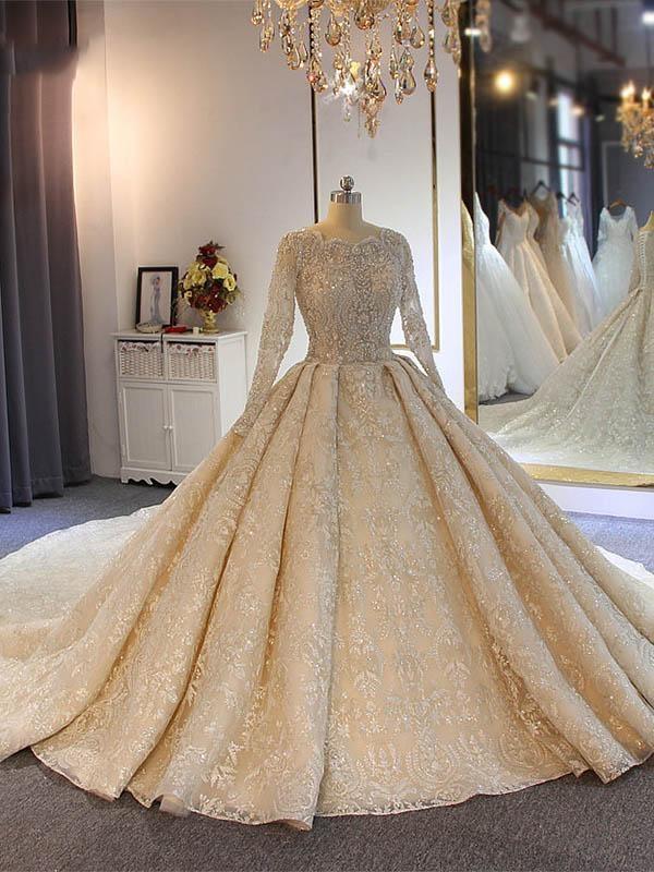 Luxury Long Ball Gown Lace Beading Wedding Dresses with Sleeves-showprettydress