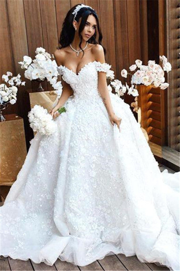 Luxury Long Ball Gown Off The Shoulder Appliques Lace Wedding Dresses-showprettydress