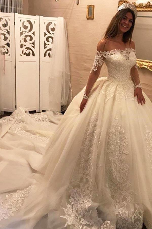 Luxury Long Ball Gown Off the Shoulder Chapel Train Appliques Wedding Dress with Sleeves-showprettydress