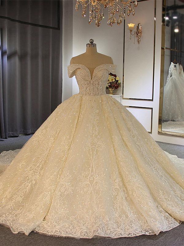Luxury Long Ball Gown Off-the-Shoulder Lace Tulle Wedding Dresses with Beading-showprettydress