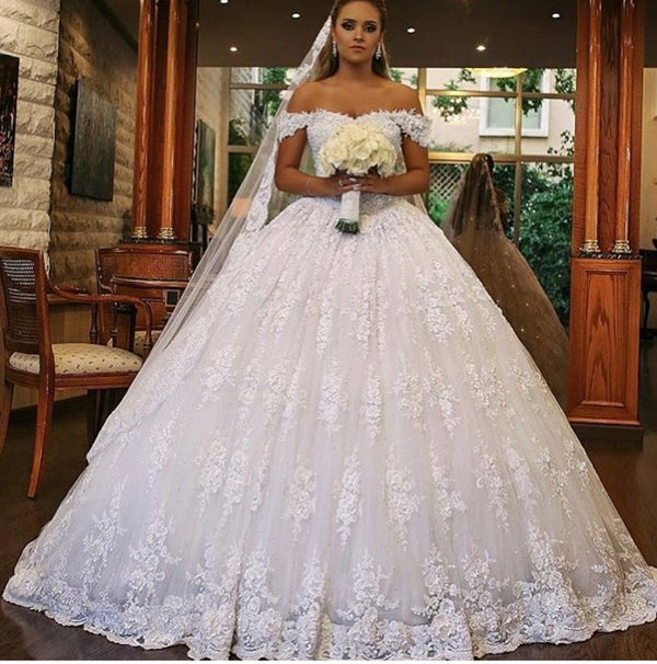 Luxury Long Ball Gown Off-the-shoulder Lace Wedding Dress with Catheral Train-showprettydress
