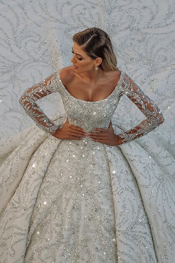 Luxury Long Ball Gown Sequin Off The Shoulder Backless Wedding Dress with Sleeves-showprettydress