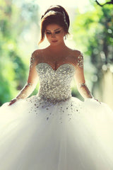 Luxury Long Ball Gown Sweetheart Crystals Beading Wedding Dresses with Sleeves-showprettydress