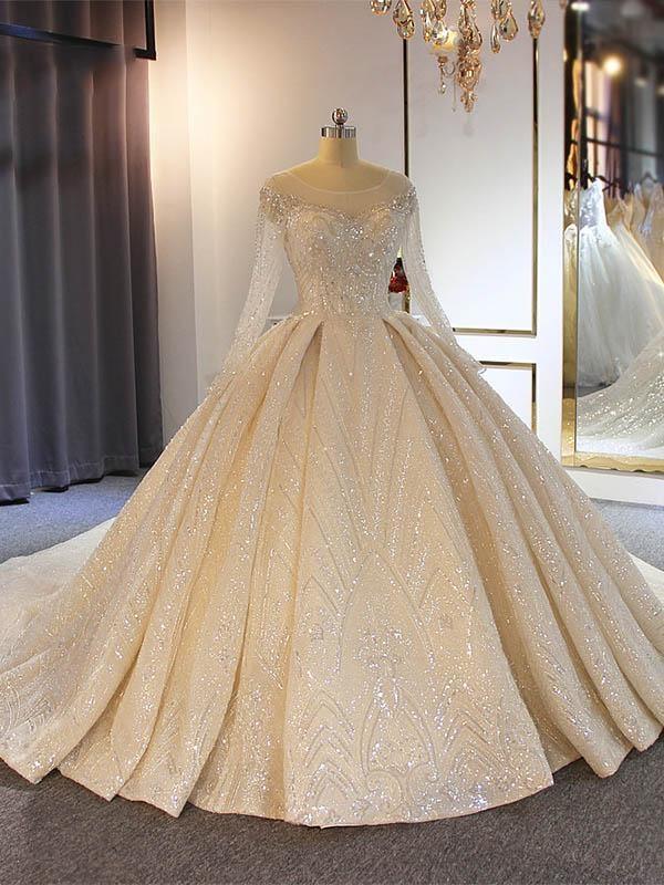 Luxury Long Ball Gown Sweetheart Lace Wedding Dresses with Sleeves-showprettydress