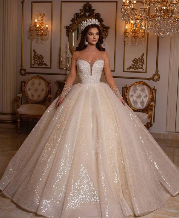Luxury Long Ball Gown Sweetheart Sparkly Wedding Dress with Sleeves-showprettydress