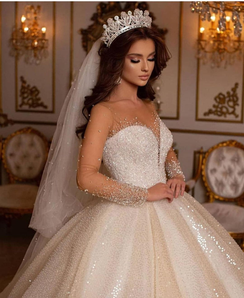 Luxury Long Ball Gown Sweetheart Sparkly Wedding Dress with Sleeves-showprettydress