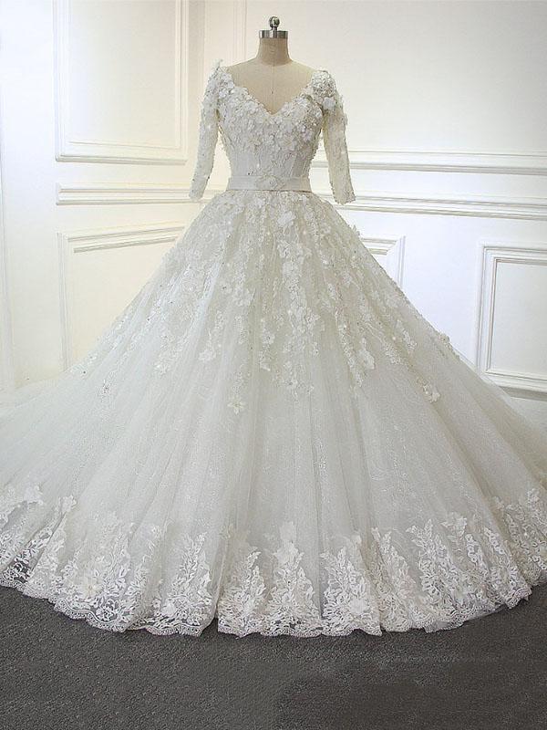 Luxury Long Ball Gown V Neck Lace Wedding Dresses with Sleeves-showprettydress