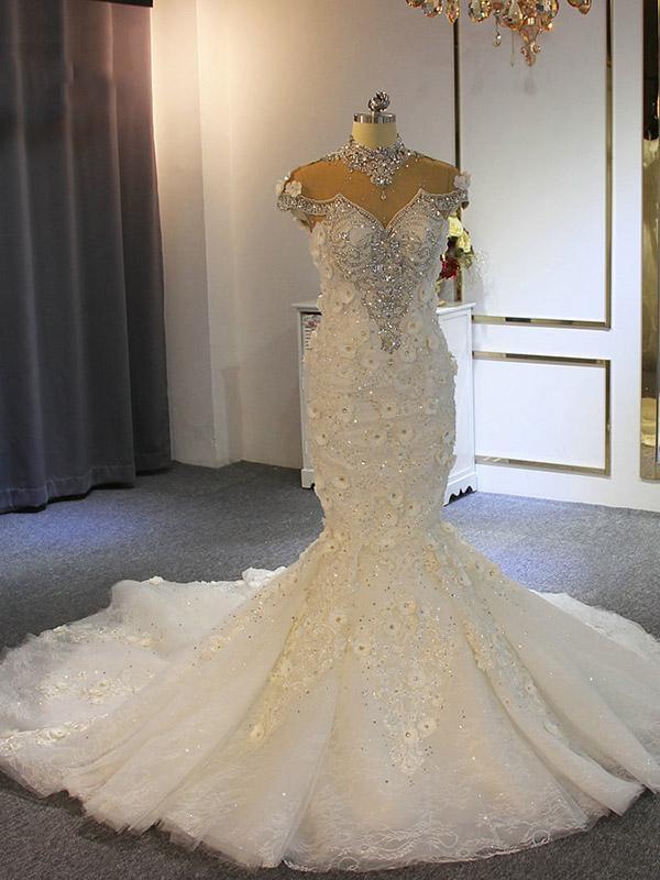 Luxury Long Mermaid Full Beading Lace Tulle Wedding Dresses-showprettydress