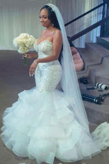 Luxury Long Mermaid Sweetheart Strapless Ruffles Beaded Crystal Wedding Dress-showprettydress